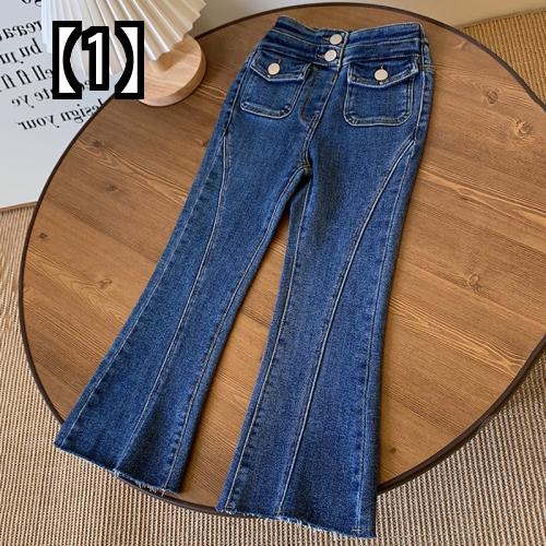 キッズ デニムパンツ 長ズボン 女の子 ジーパン ジーンズ 秋冬 子供 ハイウエスト フレアパンツ 青 カジュアル