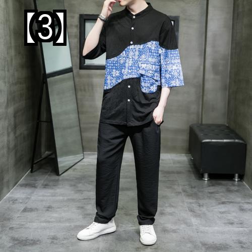 チャイナ シャツ ジャケット パンツ セット メンズ 唐装 漢服 中華風 トップス 大きいサイズ 半袖 春夏 中国 白 黒