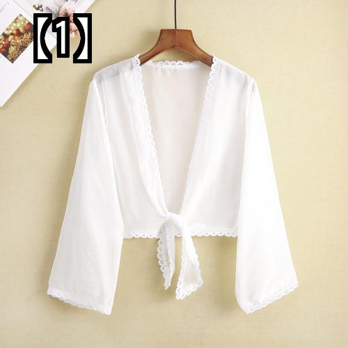 カーディガン レディース ショール 妖精 シフォン レース 日焼け止め 春夏 薄手 ショート 大きいサイズ 白 黒 羽織り