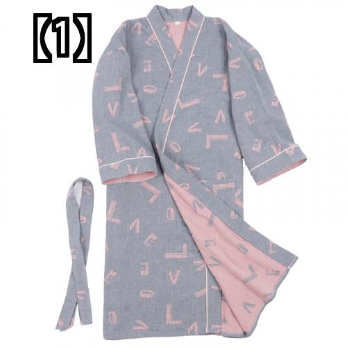 ルームウェア 部屋着 パジャマ ガウン ガーゼ 春夏秋 レディース 綿 パジャマ ベルト ゆったり レトロ ブルー グレー ピンク 旅館 温泉 寝巻き 和服 浴衣