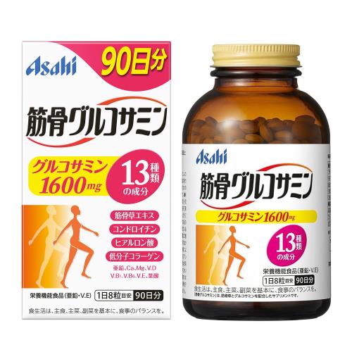 内容量 : 720粒 (1日8粒目安 90日分) 原材料 : グルコサミン、筋骨草エキス、コンドロイチン、ヒアルロン酸、低分子コラーゲン、カルシウム、マグネシウム、VD，亜鉛、VB1、VB6、VE、葉酸 栄養成分 : (1日目安8粒中)グルコサミン1600mg、筋骨草エキス、コンドロイチン、ヒアルロン酸、低分子コラーゲン、カルシウム、マグネシウム、VD，亜鉛、VB1、VB6、VE、葉酸 ブラント名: 筋骨グルコサミン メーカー名: アサヒグループ食品