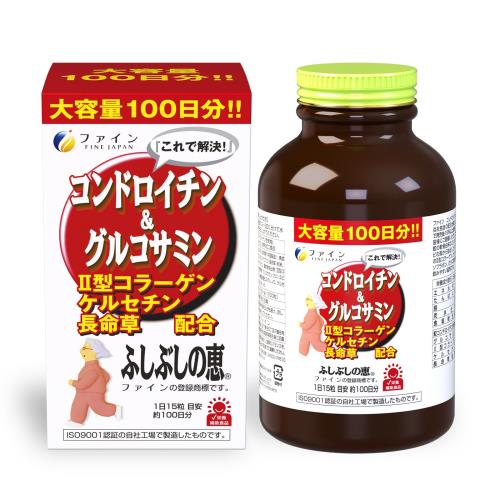 鶏コンドロイチン含有物とグルコサミンの配合に、さらに追加素材を加え、 中高年の方の悩みに対応できるサプリメントです。 ■発売以来25年以上の歴史のある、コンドロイチン含有物とグルコサミンの配合。 ■長く続けていただきたい商品なので、100日分の大容量タイプをご用意いたしました。 ■関節痛だけじゃなく、健やかに長寿を目指していただくためにポリフェノールやビタミン、ミネラルを含む長命草を配合。 ■関節痛だけでなく骨のサポート素材として、大豆イソフラボン、焼成コンブ末を配合 原材料名鶏コンドロイチン含有物(中国製造)、焼成コンブ末、ボタンボウフウ（長命草）粉末、大豆イソフラボン、鶏軟骨抽出物（II型コラーゲン含有物）／グルコサミン(カニ・エビ由来)、ショ糖脂肪酸エステル、V.C、ケルセチン、V.B2、V.B6、V.B1 栄養成分表示　15粒(2.25g)当たりエネルギー9.0kcal、たんぱく質0.42g、脂質0.06g、炭水化物1.69g、食塩相当量0.01g規格成分　15粒(2.25g)当たり鶏コンドロイチン含有物1100mg、グルコサミン1000mg、鶏軟骨抽出物(II型コラーゲン含有)540µg、ケルセチン10mg、長命草粉末10mg ご注意●本品は涼しいところに保存し、開封後はなるべくお早めにお召し上がりください。●体質に合わないと思われる場合はお召し上がりの量を減らすか、または、使用を止めてください。●製造ロットにより色や味に多少のバラつきがありますが、品質上、問題はありません。 お召し上がり方栄養補助食品として1日15～30粒を目安に2～3回に分けて水または、ぬるま湯でお召し上がりください。