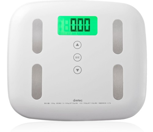 製品仕様:登録人数:5人/年齢:10~90歳/身長:100~220cm/計量範囲:5~150kg/表示単位:5~100kg 0.05kg、100~150kg 0.1kg/ホールド機能(表示固定方式)/ローバッテリー表示/ 素材・材質:本体:ABS樹脂/脚部:TPE(熱可塑性エラストマー) サイズ:(約)幅280×奥行245×高さ28mm 電源:DC4.5V 電源:DC4.5V 単4形乾電池×3個(動作確認用電池付)/電池寿命:約1年(1日2回はかった場合) 本体重量:(約)628g(電池含む) 保証期間:1年 丸みのあるデザインで約628gと軽量のため、部屋間の持ち運びもラクラクです。