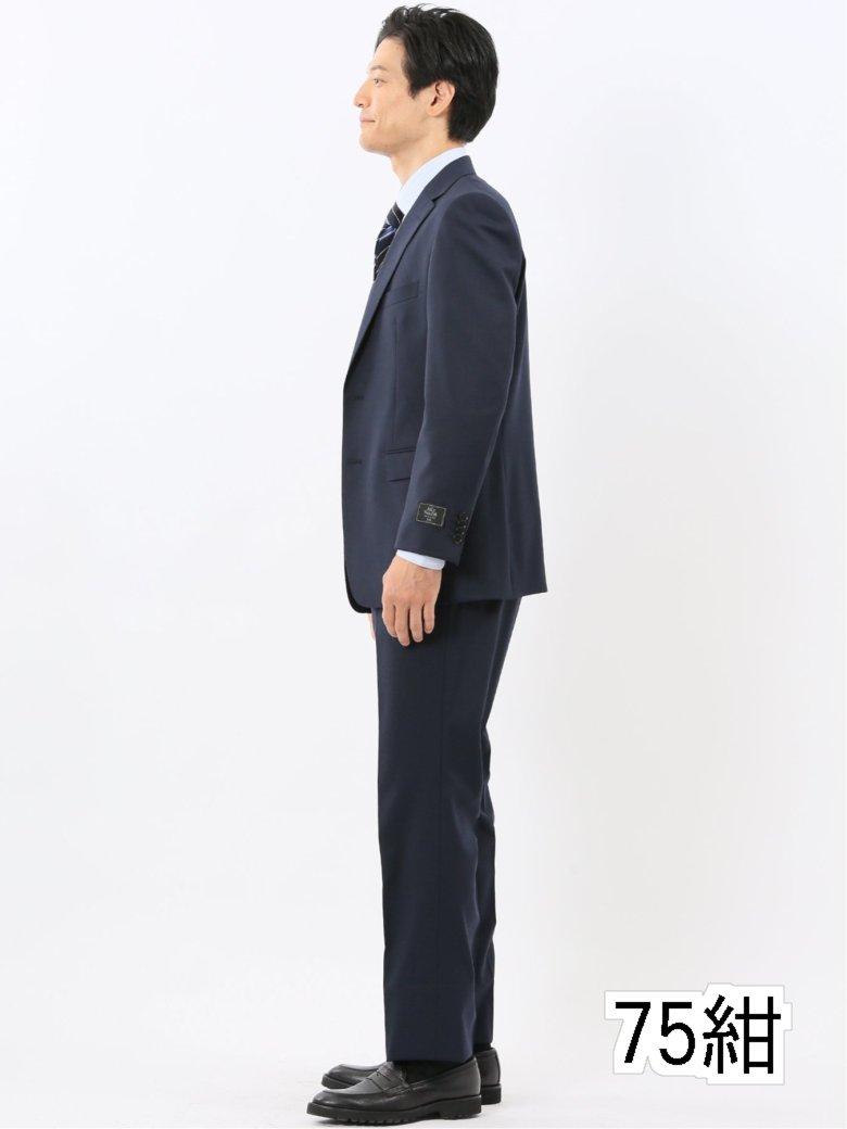 【タイムセール】 ウール混ストレッチ レギュラーフィット 2ボタン2ピーススーツ 無地紺