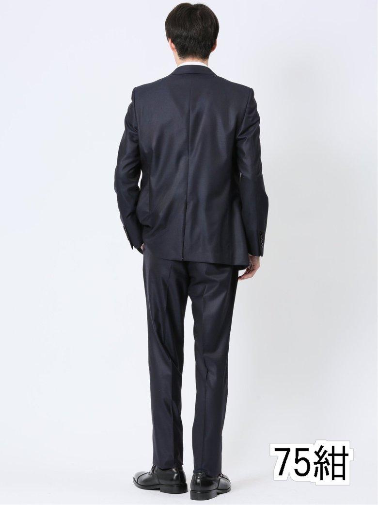 ウール混ストレッチ スリムフィット 2ボタン3ピーススーツ シャドーストライプ紺