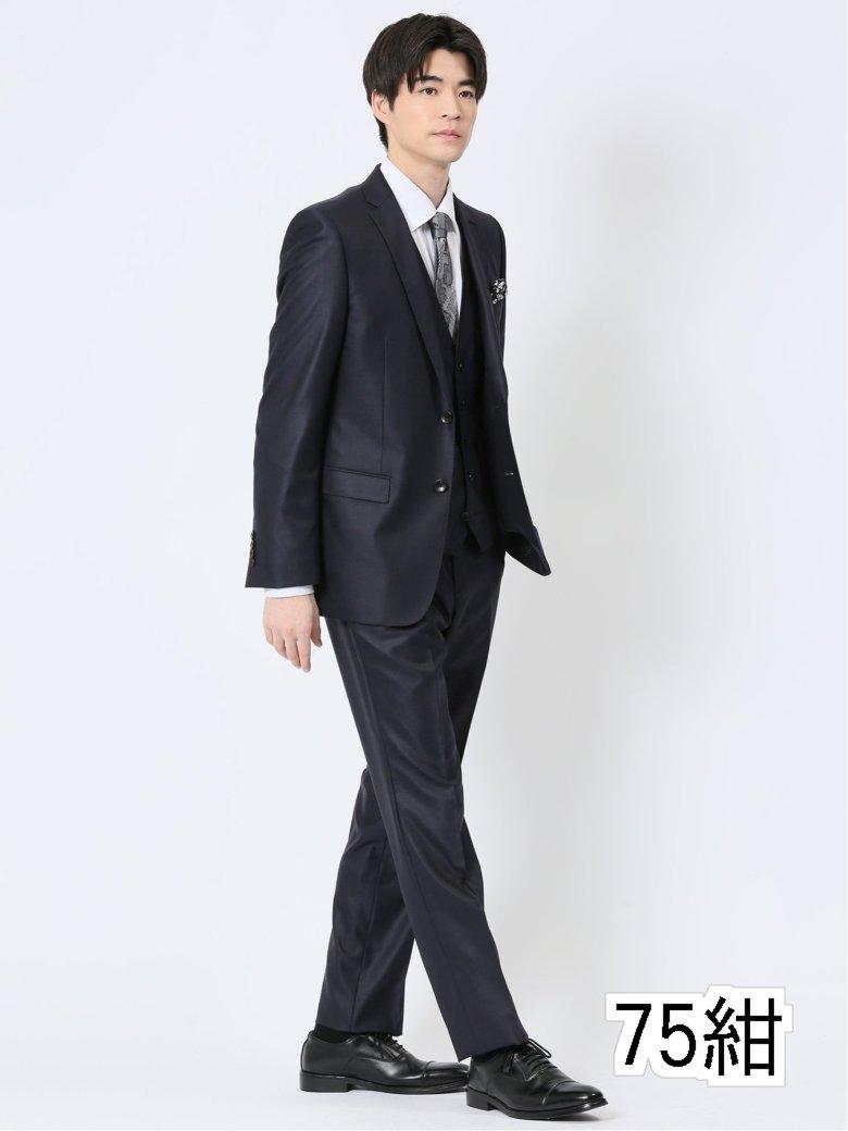 ウール混ストレッチ スリムフィット 2ボタン3ピーススーツ シャドーストライプ紺