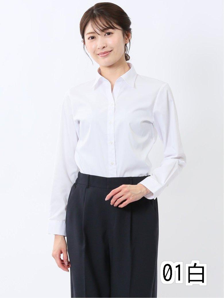 嬉しい機能 スキッパー長袖シャツ 白