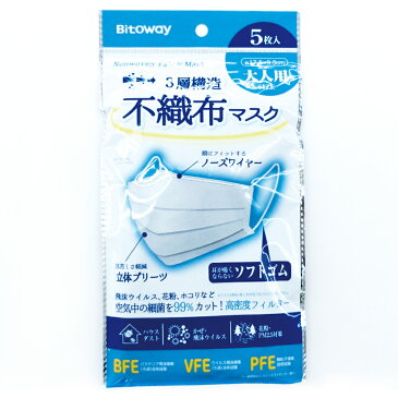 当日出荷 マスク5枚入り 不織布マスク 大人用 普通サイズ 3層フィルター 約17.5×9.5cm ビトウコーポレーション 使い捨てマスク