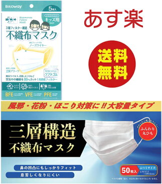 あす楽 在庫あり 当日出荷 マスク50枚プラス子供用5枚セット 送料込 不織布マスク 大人用 普通サイズ 3層構造 立体プリーツ ふんわり丸ひも 高密度フィルター