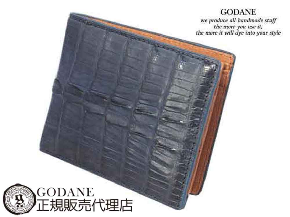 ポイント2倍 ゴダン 財布 長財布 GODANE メンズ 二つ折りレザーウォレット ミニ カイマンクロコダイル短財布 折財布　spcw8009cp Navy ネイビー ワニ革 春財布 誕生日 父の日 プレゼント ウォレット 天赦日 一粒万倍日