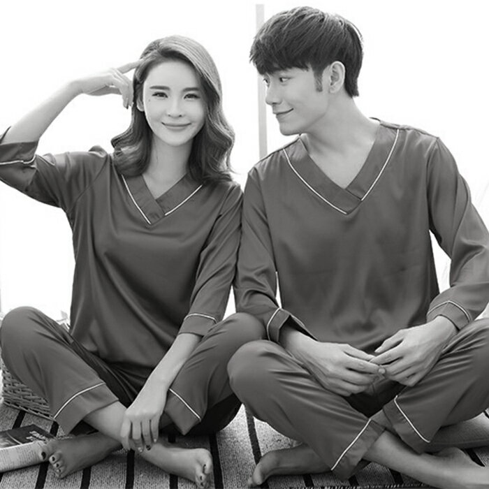 ペアパジャマ ルームウェア レディース/メンズ カップルペアルックパジャマ 光沢 高級感 おしゃれ Vネック 長袖 セットアップ ナイトウェア 上下セット 寝間...