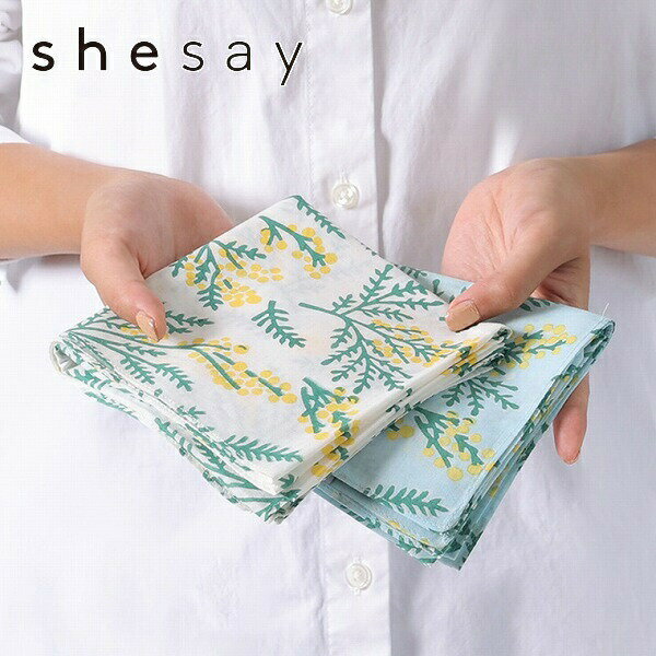 ハンカチ ミモザ フラワー お花 ブルー ホワイト 白 shesay 志成販売 304942 コットン 綿 100% 総柄 ハンカチーフ はんかち 女性用 女性 かわいい おしゃれ オシャレ お洒落 ギフト ファブリック
