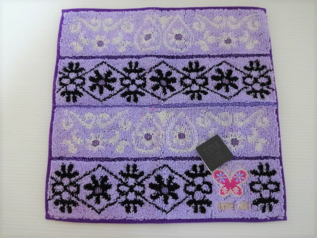 アナスイ ANNA SUI 蝶(バタフライ)&ロゴ刺繍 タオルハンカチ (ラベンダー)