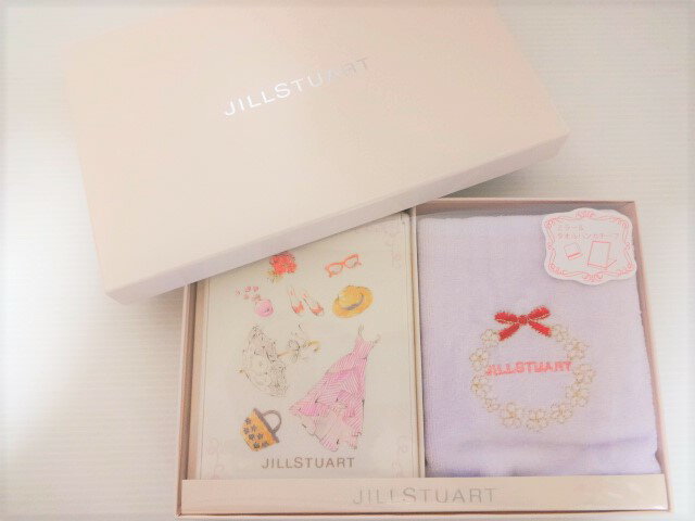 ジルスチュアート JILL STUART おしゃれアイテム柄 ロゴ入り タオルハンカチ&ミラーセット (白・ラベンダー)