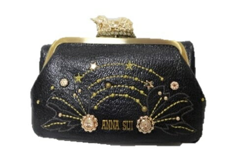 アナスイ ANNA SUI ファンタジア 外ガマ 2つ折り 財布 口金 ユニコーン ヤギ革 牛革 ブラック レディース