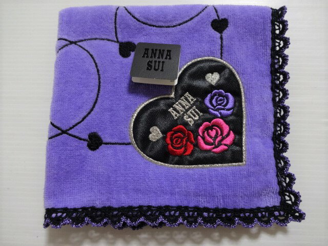 アナスイ ANNA SUI　薔薇＆ハート・ロゴ刺繍　タオルハンカチ　（パープル）