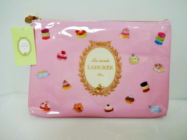 ラデュレ ポーチ（レディース） スクレ・ラデュレ　LADUREE　マカロン＆パティスリー柄　ロゴ入り　フラットポーチ　（ピンク）