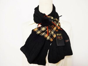 ダックス　DAKS　ハウスチェック柄＆模様編み　ロゴタグ付き　ミンクコサージュ付き　マフラー　日本製　（黒×ベージュ）
