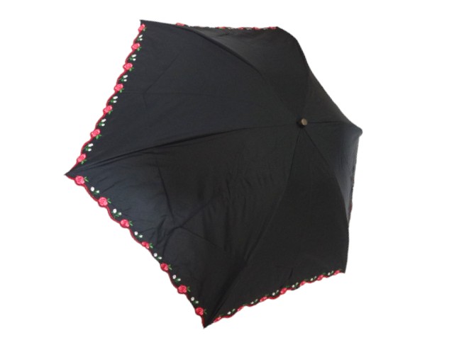 ルルギネス ルルギネス　LULU GUINNESS　バラ刺繍縁取り　UV　遮光生地使用　晴雨兼用　婦人プチパラ　日傘　黒