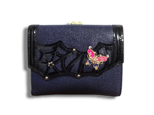 アナスイ 財布（レディース） アナスイ　ANNA SUI　二つ折り財布　がま口財布　ポワゾン　バタフライブローチ付き　蜘蛛　やぎ革・牛革　本革　レザー　ダークブルー　ネイビー　レディース　女性