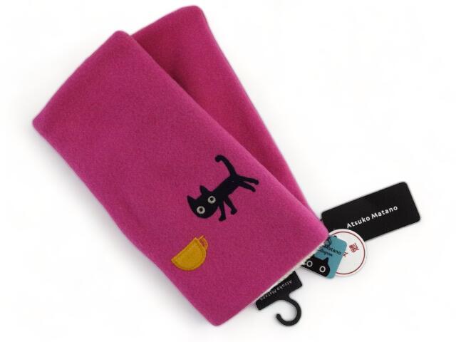 アツコマタノ Atsuko Matano またのあつこ マタノアツコ 手袋 指無し手袋 黒猫 猫 キャット 梨 ウール100% ピンク レディース 女性 婦人 防寒 21~22cm 日本製