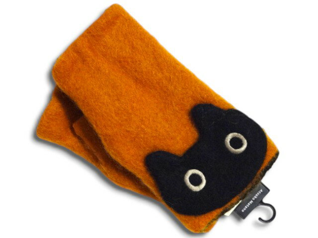 アツコマタノ Atsuko Matano またのあつこ マタノアツコ 手袋 指無し手袋 黒猫 猫 キャット オレンジ ORANGE レディース 裏起毛 厚手 21~22cm
