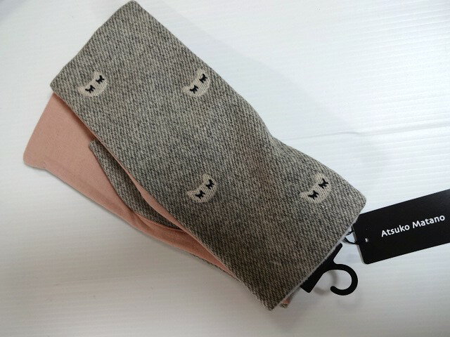 アツコマタノ　Atsuko Matano　可愛い猫　顔刺繍をちりばめた　指無し手袋　　裏地　ピンク　レディース　女性　婦人　防寒 　21～22cm　日本製　またのあつこ　マタノアツコ(4)