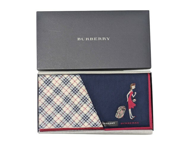 バーバリー BURBERRY ハンカチ 綿100% 日本製 2枚セット チェック柄 ベージュ 無地 ネイビー ロゴ刺繍 ブランド箱あり