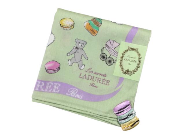 スクレ by ラデュレ LADUREE ハンカチ 大判ハンカチ マカロン クマのぬいぐるみ お菓子 マカロン刺繍 ロゴ入り 綿100% 日本製 ライトグリーン 黄緑色