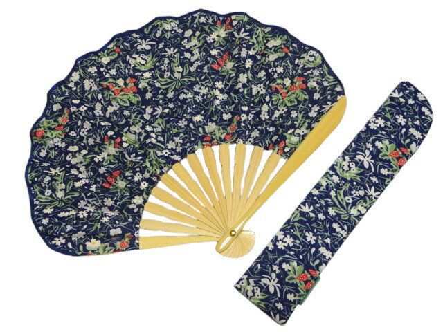 リバティ LIBERTY×アフタヌーンティー Afternoon Tea 扇子&ケース セット コラボ リバティプリント柄 シェル型 花柄 いちご柄 ネイビー 綿100%・竹使用