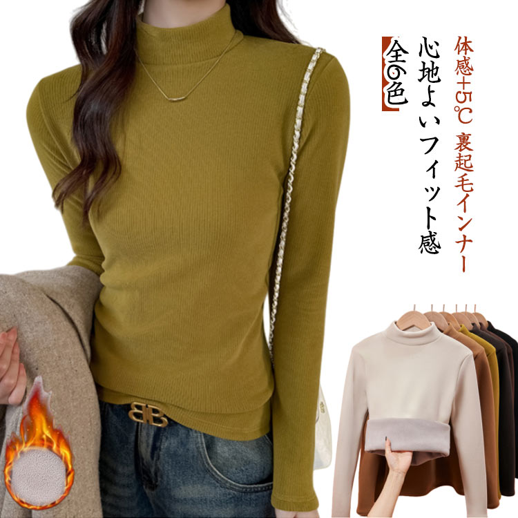 Rakuten - 体感+5℃ 裏起毛インナー 長袖 プチハイネック カットソー あったか ポカポカ 極暖 冷えとり レディース 防寒 インナー ルームウェア tシャツ 大きいサイズ オフィス 送料無料 発熱 ストレッチ 保温 蓄熱 効果 着やせ トップス 秋冬 部屋着 暖かい 発熱インナー