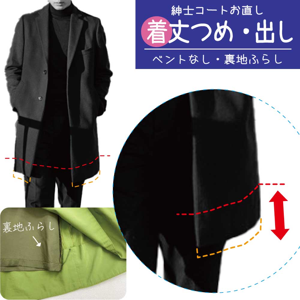 楽天洋服のお直し　グラン・ママ奈良【着丈つめ 出し】紳士コート　裏地ふらし／どんでん・袋縫い／ベントなし