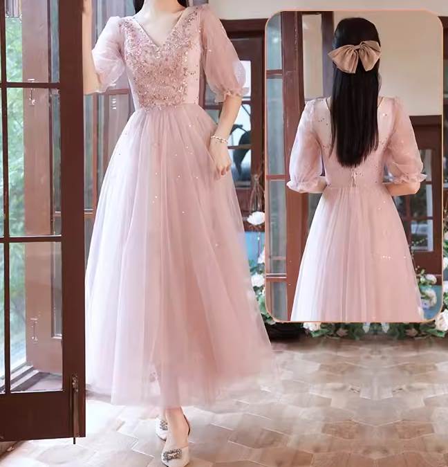 Rakuten - ドレス ワンピース ウェディング パーティー 結婚式 二次会 披露宴 演奏会 発表会 ステージ 舞台 衣装 4type 送料無料 謝恩会 演劇 ラウンジ マキシ 半袖 5分袖 Vネック ラウンドネック ハートネック チュール ウエストマーク 透け感 可愛い オフショルダー フレアスリーブ