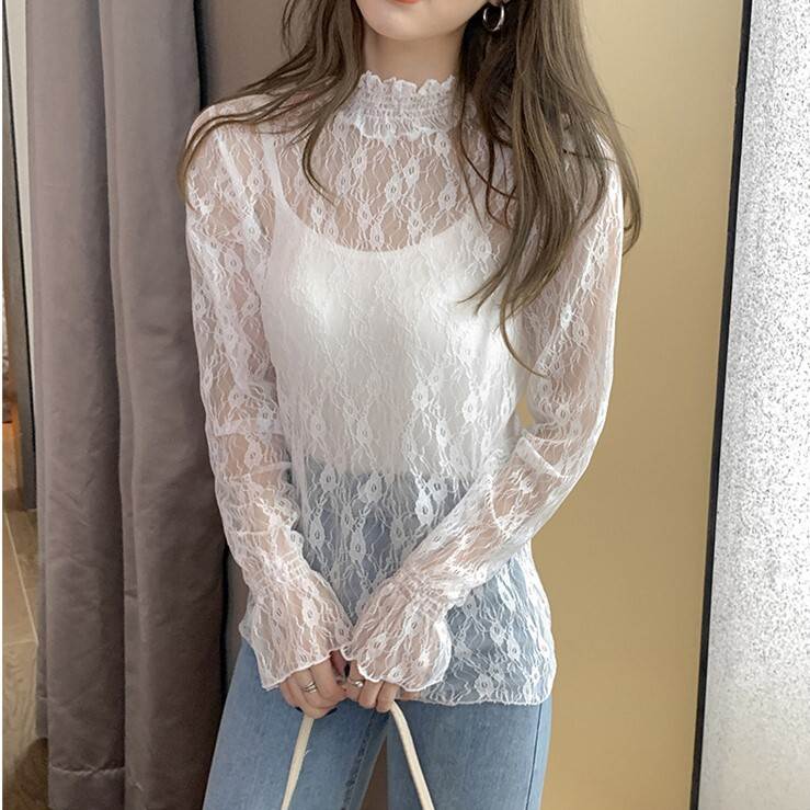 Rakuten - レディース トップス シアーレース ブラウス ミディアム 長袖 キャンディスリーブ ハイネック 襟付き ハーフハイネック レース 透け感 シースルー 伸縮性 送料無料 大人可愛い きれいめ 上品 シンプル カジュアル おしゃれ こなれ感 抜け感 フェミニン