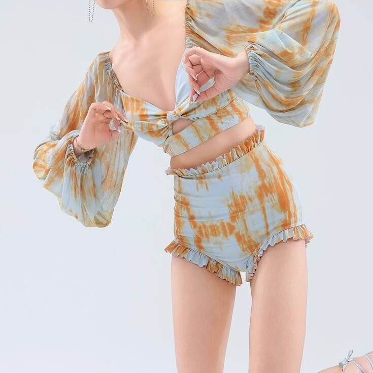 水着 ビキニ レディース 短パン ノンワイヤー パッド付き 二の腕カバー 長袖 レース ツーピース 上下セット 大人可愛い きれいめ ナチ..