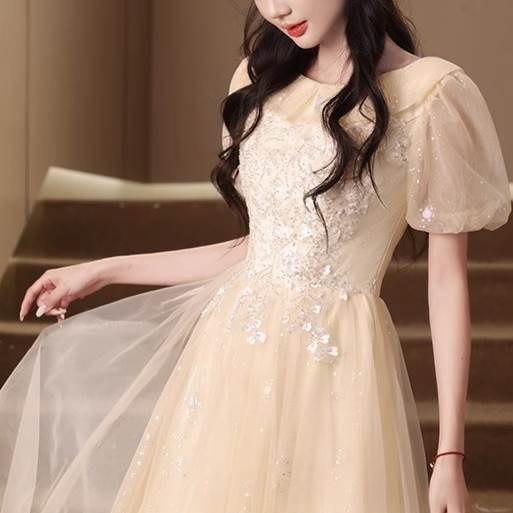ドレス ウェディング パーティー 結婚式 二次会 披露宴 演奏会 発表会 ステージ 舞台 ロング 半袖 パフスリーブ Vネック ラウンドネック 襟付き プリンセスライン フレア Aライン イブニング チュール シフォン ウエストマーク 透け感 フレンチ オーガンジー 送料無料 2