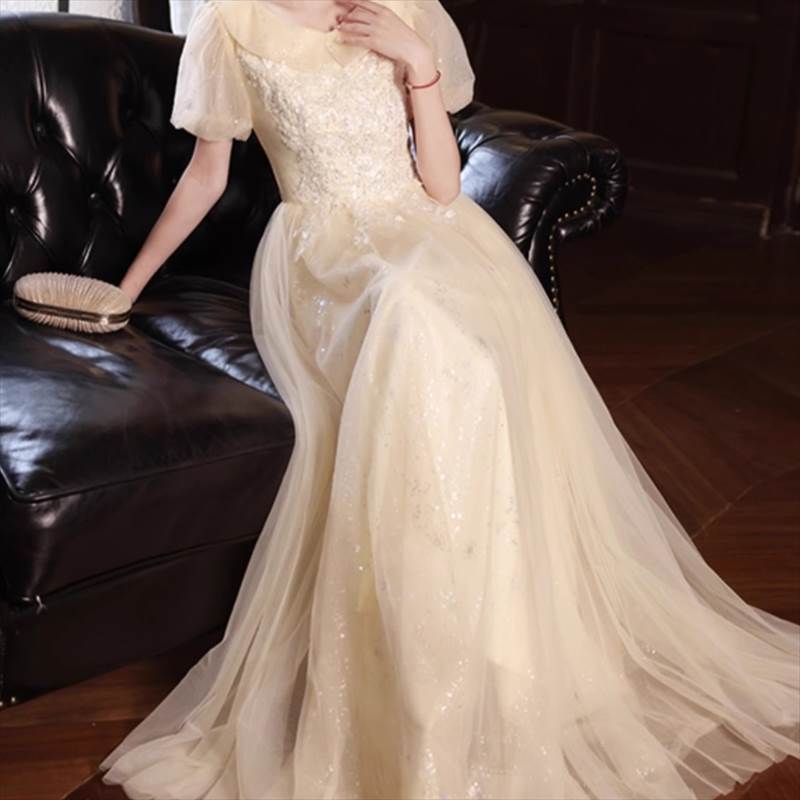 ドレス ウェディング パーティー 結婚式 二次会 披露宴 演奏会 発表会 ステージ 舞台 ロング 半袖 パフスリーブ Vネック ラウンドネック 襟付き プリンセスライン フレア Aライン イブニング チュール シフォン ウエストマーク 透け感 フレンチ オーガンジー 送料無料 3