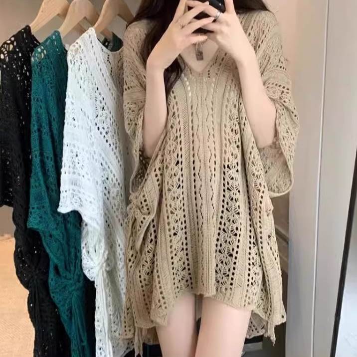 Rakuten - トップス ニット ロング 半袖 5分袖 ドルマンスリーブ Vネック ワイド クロシェ レースアップ 透け感 かわいい 大人可愛い カジュアル おしゃれ アジアン エスニック こなれ感 ラフ 個性的 存在感 抜け感 ナチュラル 春 夏 デート お出かけ リゾート 旅行 送料無料