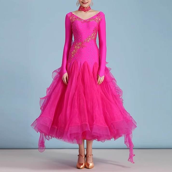 ドレス ステージ ダンス 衣装 コスチューム ロング マキシ アンクル丈 長袖 ボリューム Vネック スレンダー タイト スリム 細身 Aライン 刺繍 シフォン フリル ウエストマーク 切り替えデザイン ドッキング 透け感 スパンコール ラインストーン 大人可愛い おしゃれ