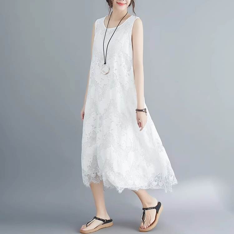Rakuten - ノースリーブワンピース ミモレ ロング 袖なし ノースリーブ ラウンドネック フェミニン レース 透け感 かわいい 大人可愛い きれいめ シンプル カジュアル 上品 おしゃれ レトロ こなれ感 ガーリー 個性的 エレガント 主役級 存在感 ヴィンテージ ラブリー 送料無料