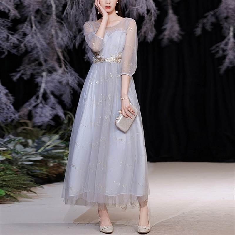チュールスリーブドレス チュールフレアワンピドレス パーティドレス レースドレスワンピース レディース ワンピース ドレス 膝下 ロング 7分袖 ラメ感 Vネック ラウンドネック フレア Aライン フェミニン レース チュール シフォン フリル ウエストマーク ハイウエスト