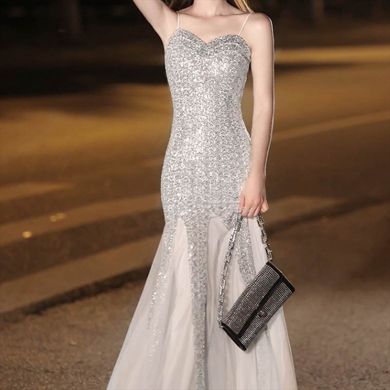 ラメデザインマーメイドドレス シフォン切り替えマーメイドドレス レディース ドレス パーティドレス イブニングドレス ロング マキシ 袖なし ノースリーブ オフショルダー タイト スリム 細身 フェミニン チュール シフォン ハイウエスト シアー かわいい 大人可愛い