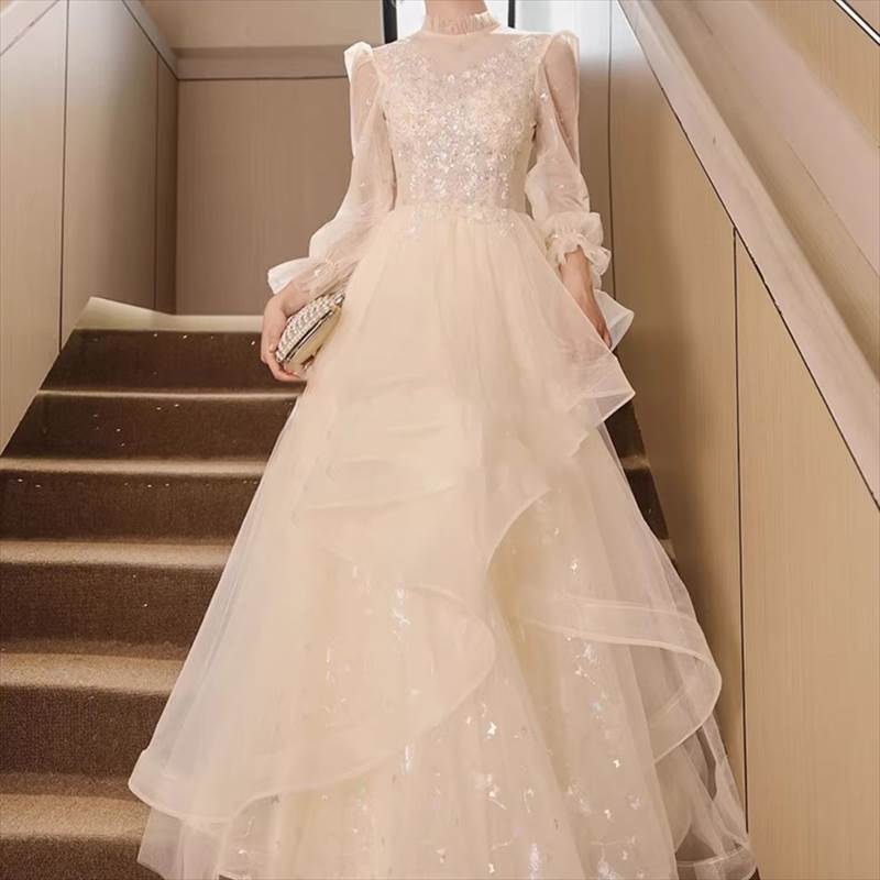 フレアチュールロングドレス フリルスタンドカラーチュールドレス レディース ドレス パーティドレス イブニングドレス ドレスワンピース ワンピドレス ワンピース フレア スリム 細身 フェミニン レース 刺繍 チュール シフォン フリル ウエストマーク ハイウエスト(4)