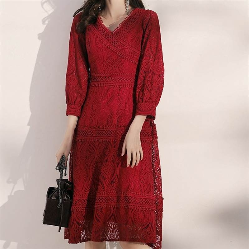 All-over lace midi dress, wrap dress, lace dress, medium length, knee-length, 7/8 sleeves, balloon sleeves, V-neck, wrap style, flared, A-line, lace, high waist, crochet, embroidery, cute, mature, pretty, elegant, stylish, retro, girly, formal, cute, floral pattern.