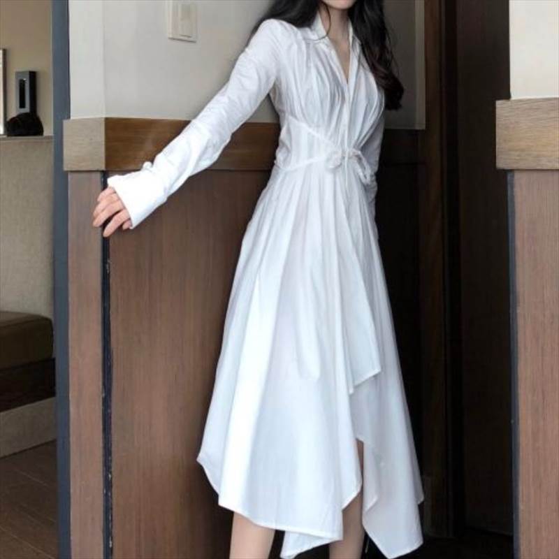 Rakuten - レディース ワンピース シャツ シャツワンピ ミモレ ロング 長袖 Vネック Aライン リボン ウエストマーク ウエストリボン ハイウエスト 大人可愛い きれいめ シンプル おしゃれ 送料無料 レトロ こなれ感 ラフ 個性的 クール モード系 モダン 存在感 抜け感 デート お出かけ
