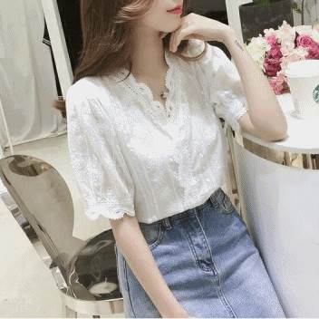 シャツ ブラウス 半袖 Vネック レディース フェミニン レース シフォン かわいい 大人可愛い きれいめ シンプル 上品 おしゃれ レトロ ..