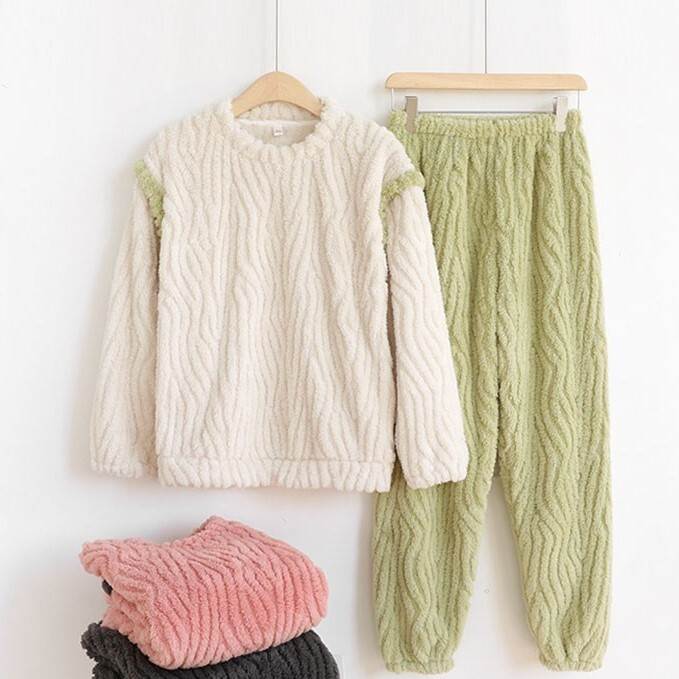 Room Wear - レディース トップス パンツ ボトムス ルームウェア プルオーバー セットアップ 部屋着 寝巻き ミディアム ジョガーパンツ ロング 長袖 ドロップショルダー クルーネック 襟なし ノーカラー オーバーサイズ バイカラー 配色 厚手 起毛 大人可愛い きれいめ シンプル