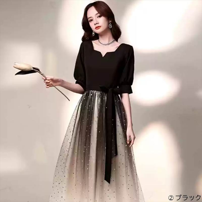 グランスックのワンピース ウェディング パーティー 結婚式 二次会 披露宴 演奏会 発表会 ステージ 舞台 フォーマル キャバ 衣装 謝恩会 演劇 ラウンジ クラブ ロング 半袖 スクエアネック プリンセスライン スレンダー フレア イブニング レース ウエストリボン 透け感 送料無料｜アングル2