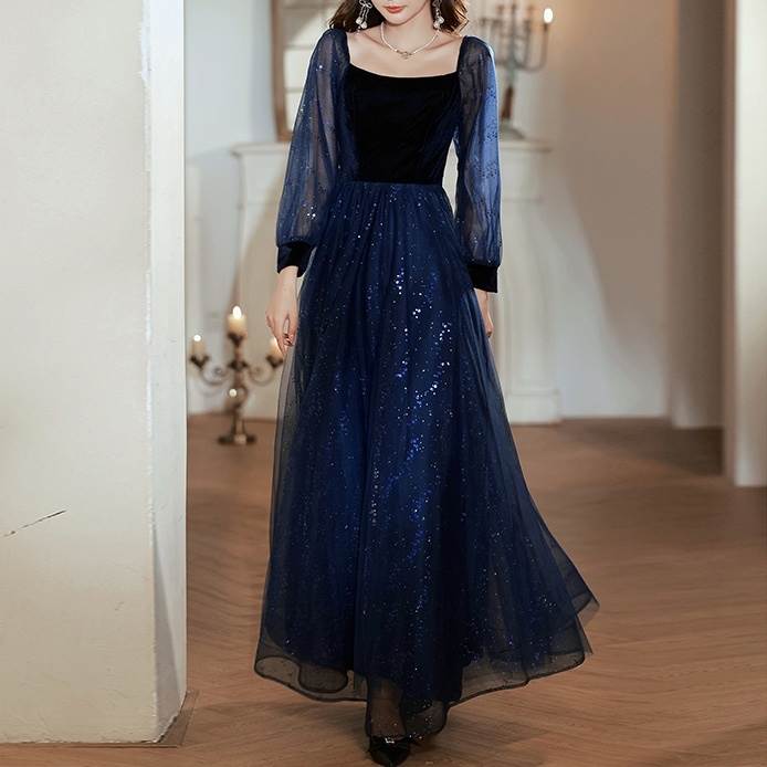 ドレス ワンピース パーティー 2way 演奏会 発表会 舞台 マキシ 長袖 パフスリーブ オフショル スクエアネック 襟なし プリンセスライン フレア Aライン イブニング カジュアル 切り替えデザイン スパンコール きれいめ シンプル カジュアル 大人可愛い 上品 おしゃれ