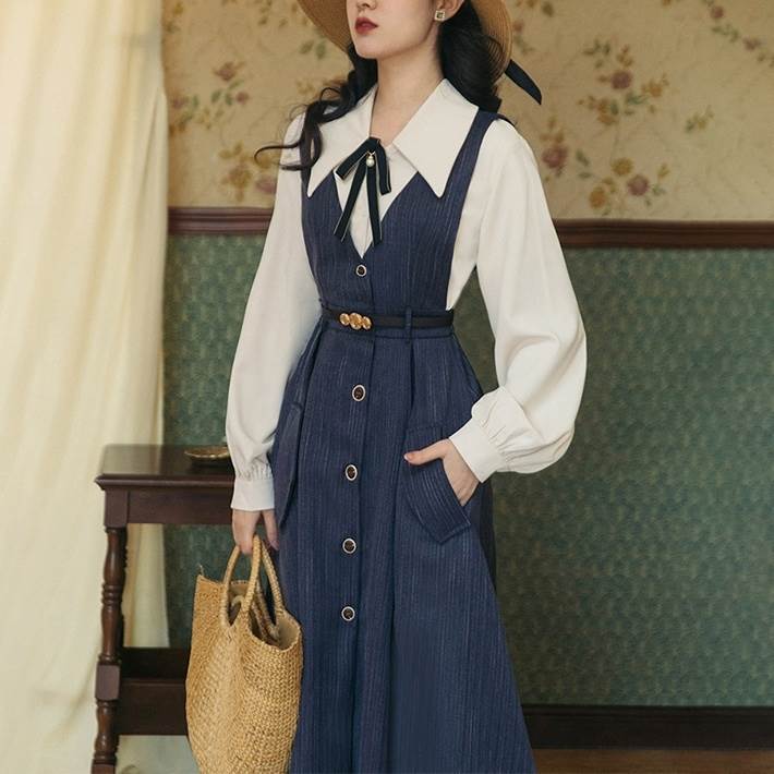 レディース スカート シャツ セットアップ オールインワン ジャンパースカート 膝丈 長袖 ボリューム袖..